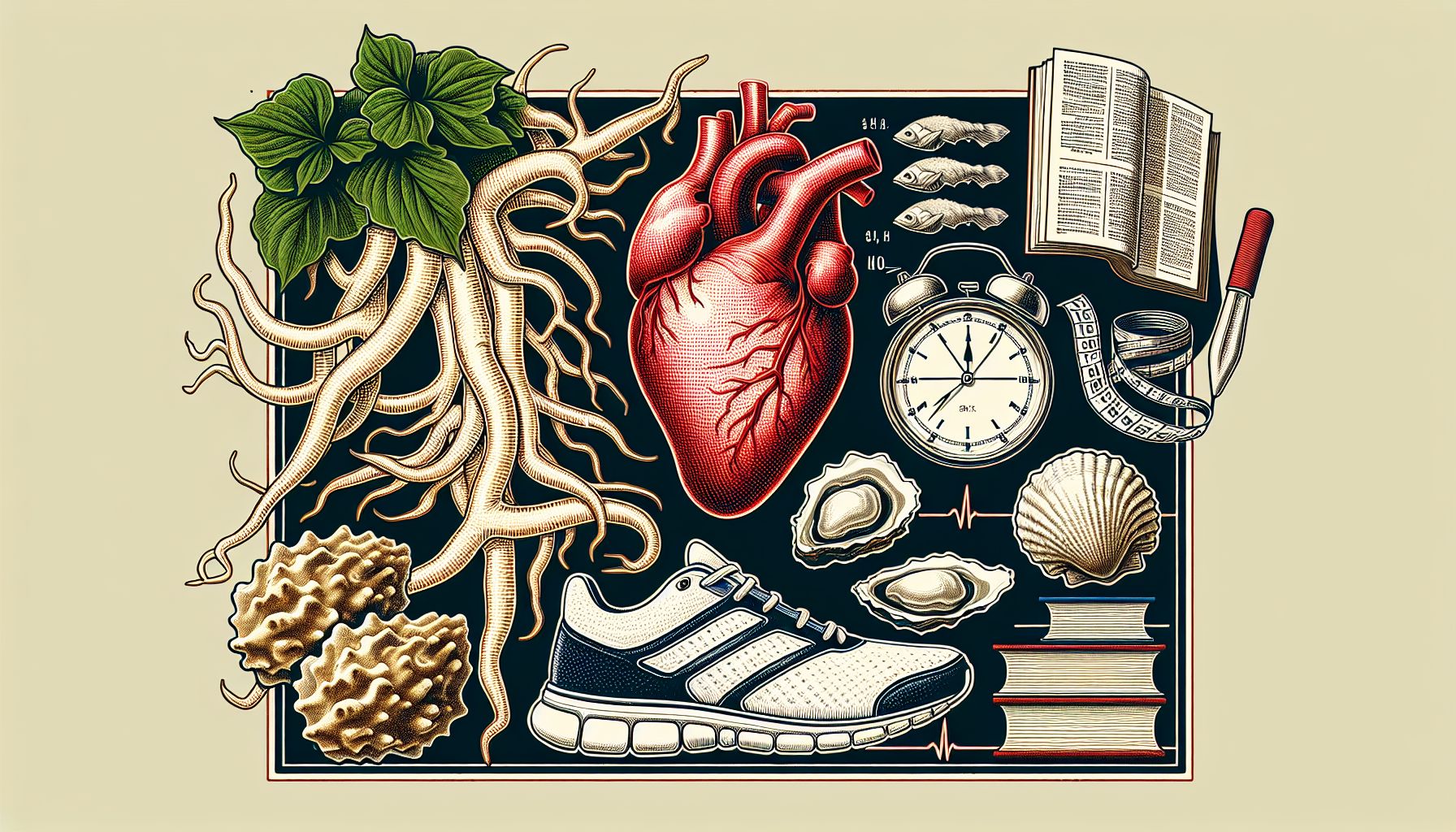 Image of pills, supplements, and healthy lifestyle elements symbolizing sex drive boosters for men